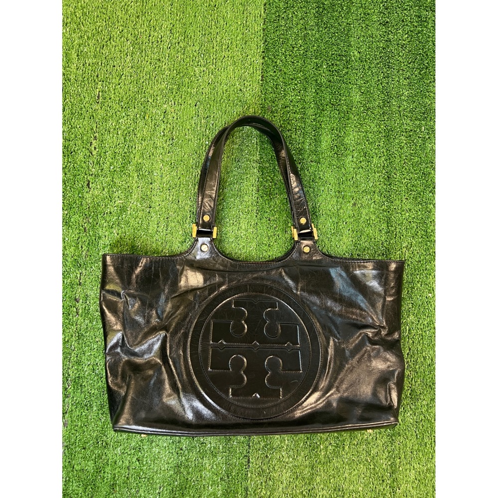 Tory Burch Bombe Ella Tote Black Leather Gold Hardware Logo Medallion Bag